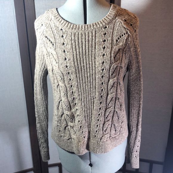Lucky Brand Tomorrow taupe marled  cable knit sweater short fitted - Picture 1 of 14